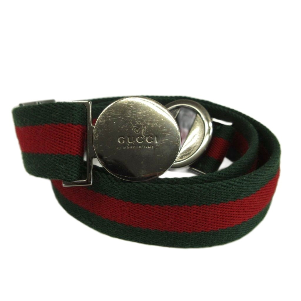 【中古】グッチ GUCCI リングベルト キャンバス シェリーライン ロゴ 丸型プレート シルバー金具 緑 グリーン 赤 レッド /XZ ■GY19 メンズ レディース 【ベクトル 古着】 260715｜ブランド古着ベクトルプレミアム店