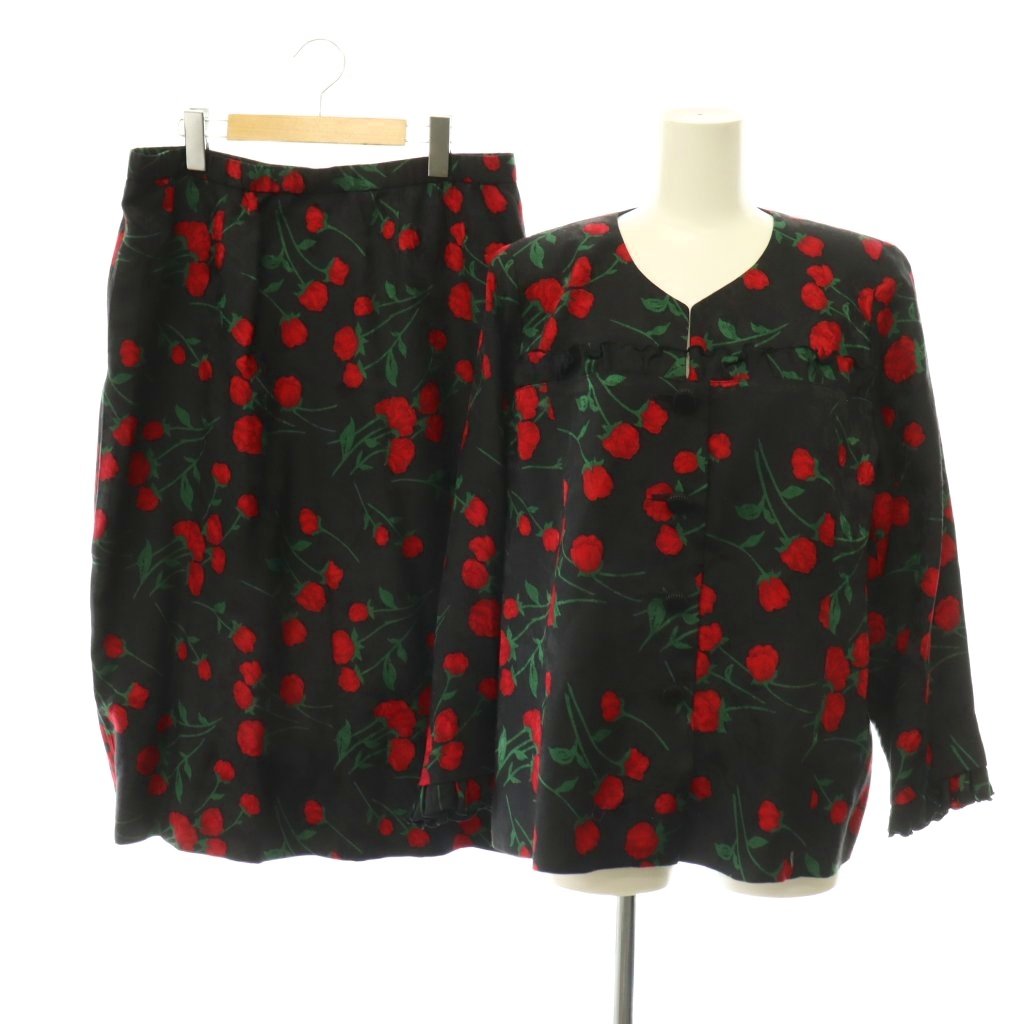 【中古】ハーディエイミス HARDY AMIES セットアップ ジャケット ノーカラー スカート タイト ロング 花柄 フリル 総柄 45 ブラック /HK ■GY18 レディース 【ベクトル 古着】 260714｜ブランド古着ベクトルプレミアム店