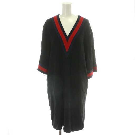 【中古】グッチ GUCCI 衣裳 ロング 半袖 Ｖのど首 シェリー酒伝達ルート イタリア製 42 L 黒 黒いこと 赤 赤いこと  /MP ■GY19 レディース 【ベクター 古着】 250818