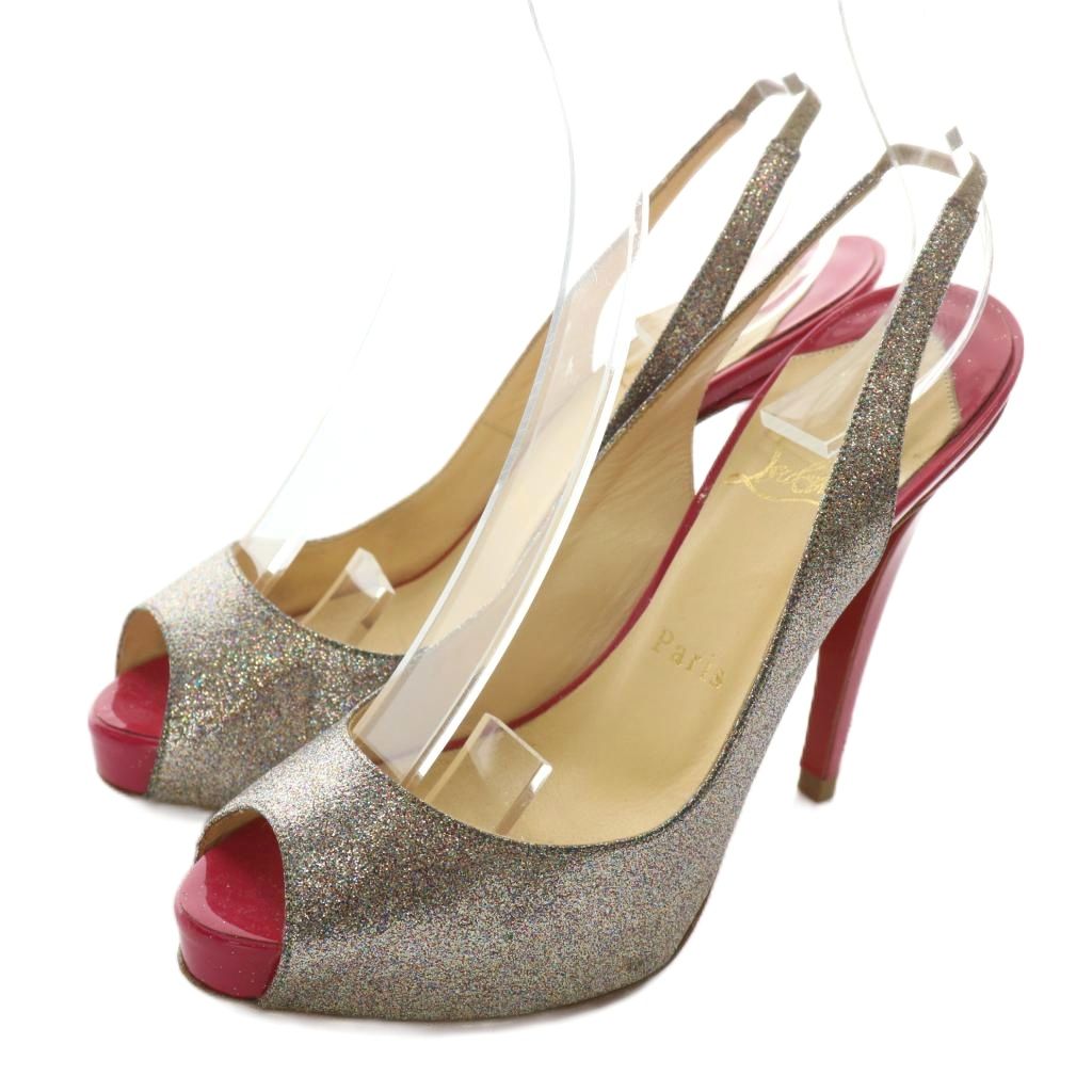 【中古】クリスチャンルブタン Christian louboutin サンダル パンプス エナメル オープントゥ ピン踵 ラメ 同盟罷工一回り 36.5 23.5珊 さくら色 しろがね色色 /XZ ■GY19 レディース 【ベクター 古着】 250827