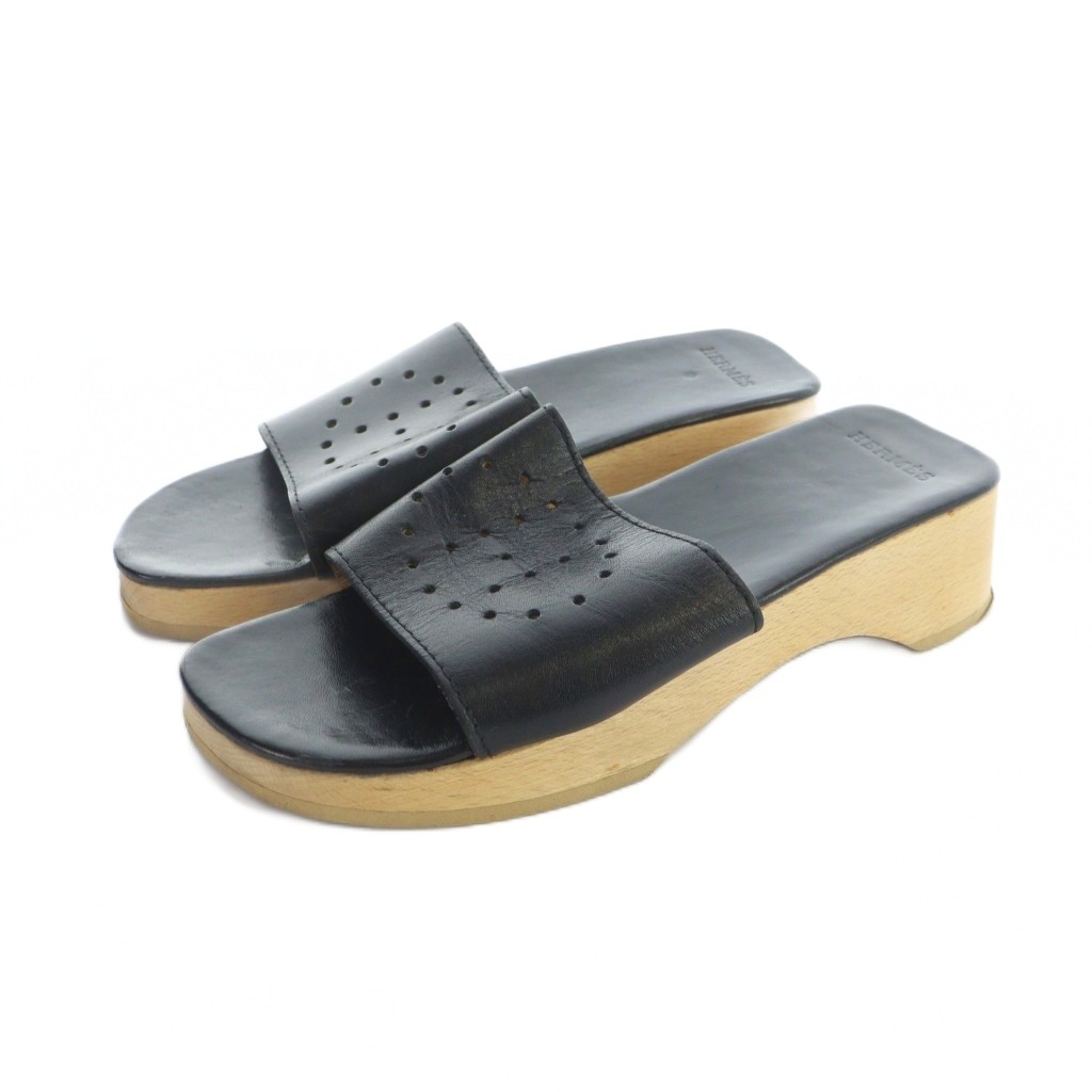 【中古】エルメス HERMES エブリン 白木サンダル ミュール パンチング Hロゴタイプ 36 23糎 黒 黒いこと ■GY19 /MQ ■OH レディース 【ベクター 古着】 260218
