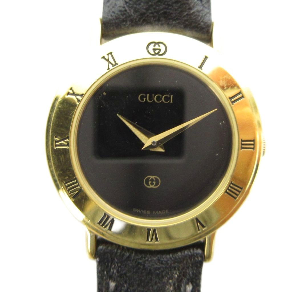 【中古】グッチ GUCCI 3000 L ウオッチ ご覧なさる 石英 黒文字盤 なめし革胴締め ゴールド色 ■GY18 /MQ ■OH レディース 【ベクター 古着】 260416