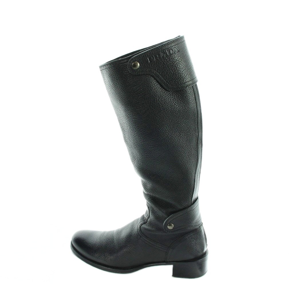 【中古】プラダ PRADA 応用科学者ブーツ グレインレザー ロング ロゴタイプ ラウンドトゥ 36 23珊 黒 黒いこと ■GY19 /MQ ■OH レディース 【ベクター 古着】 260310