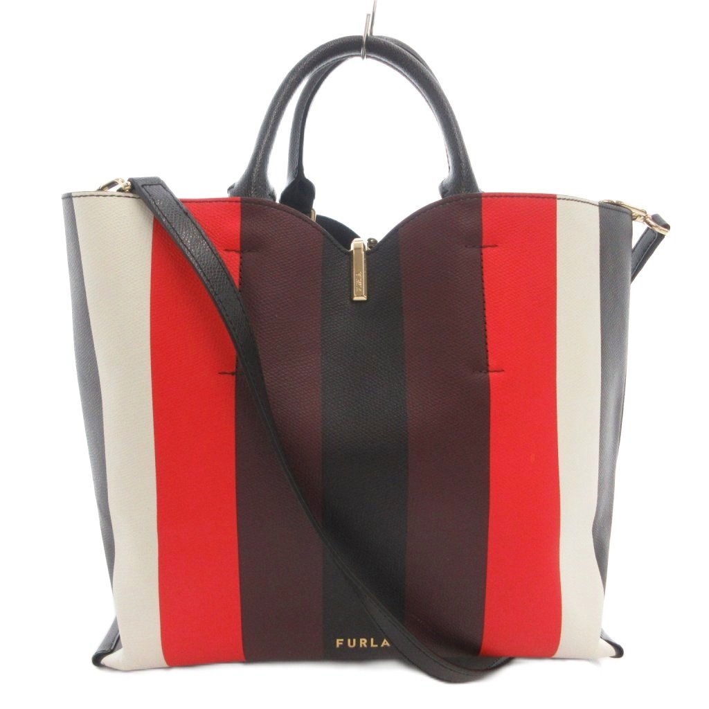 【中古】フルラ FURLA RIBBON M BUCKET BAG トートバッグ 肩肉 2WAY なめし革 縞模様 黒 黒いこと /FF ■GY19 レディース 【ベクター 古着】 260413