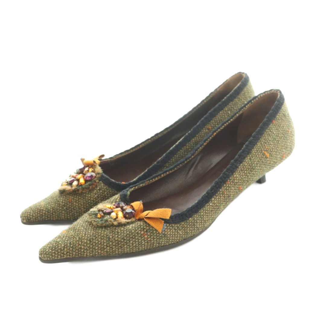 【中古】プラダ PRADA パンプス ポインテッドトゥ ツィード ビジューかざり付ける 36.5 23.5珊 カーキ ベージュ /MI ■GY03 レディース 【ベクター 古着】 260415