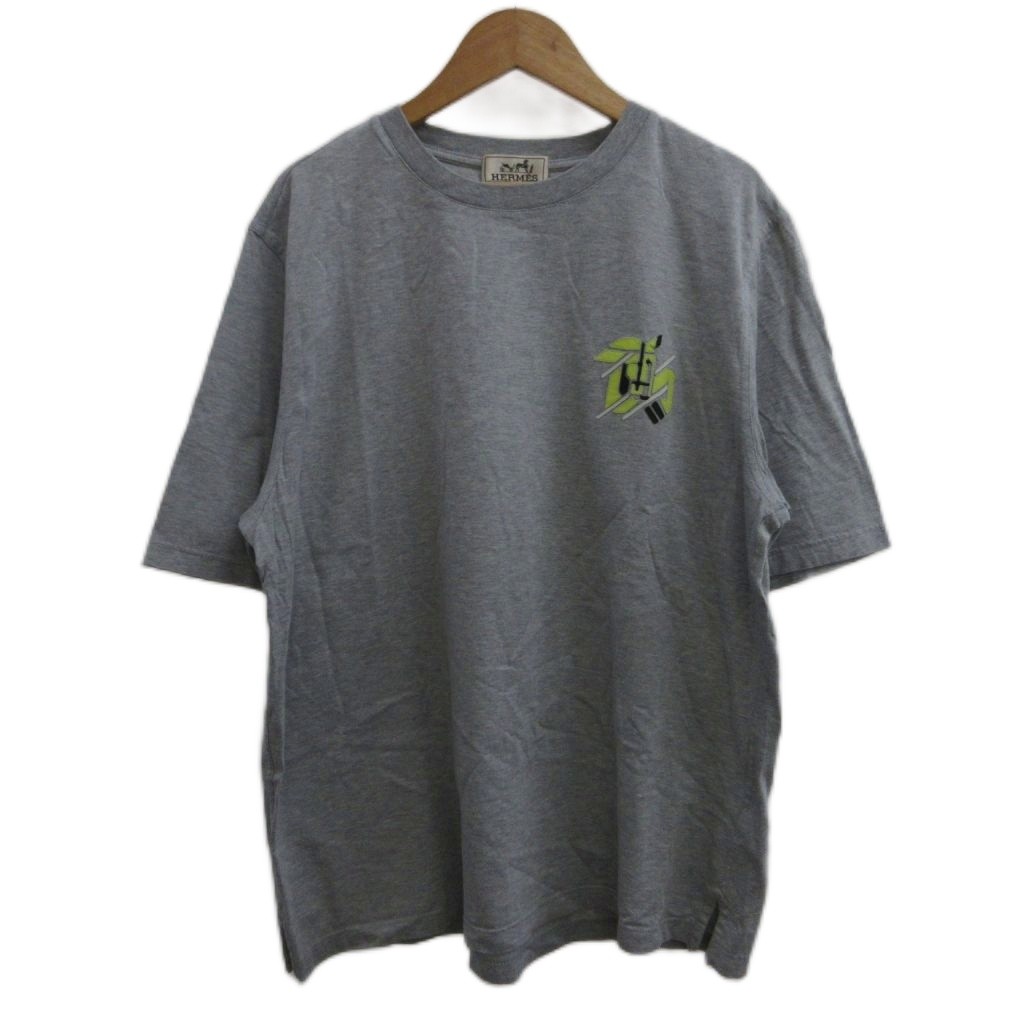 【中古】エルメス HERMES シュヴォーアンシンメトリー Chevaux en Symetrie ティーシャツ S 薄墨色 半袖 子ヒツジなめし革 ラウンドのど首 グラフィック刷り上げる カットソー /PP ■GY19 メンズ 【ベクター 古着】 260521