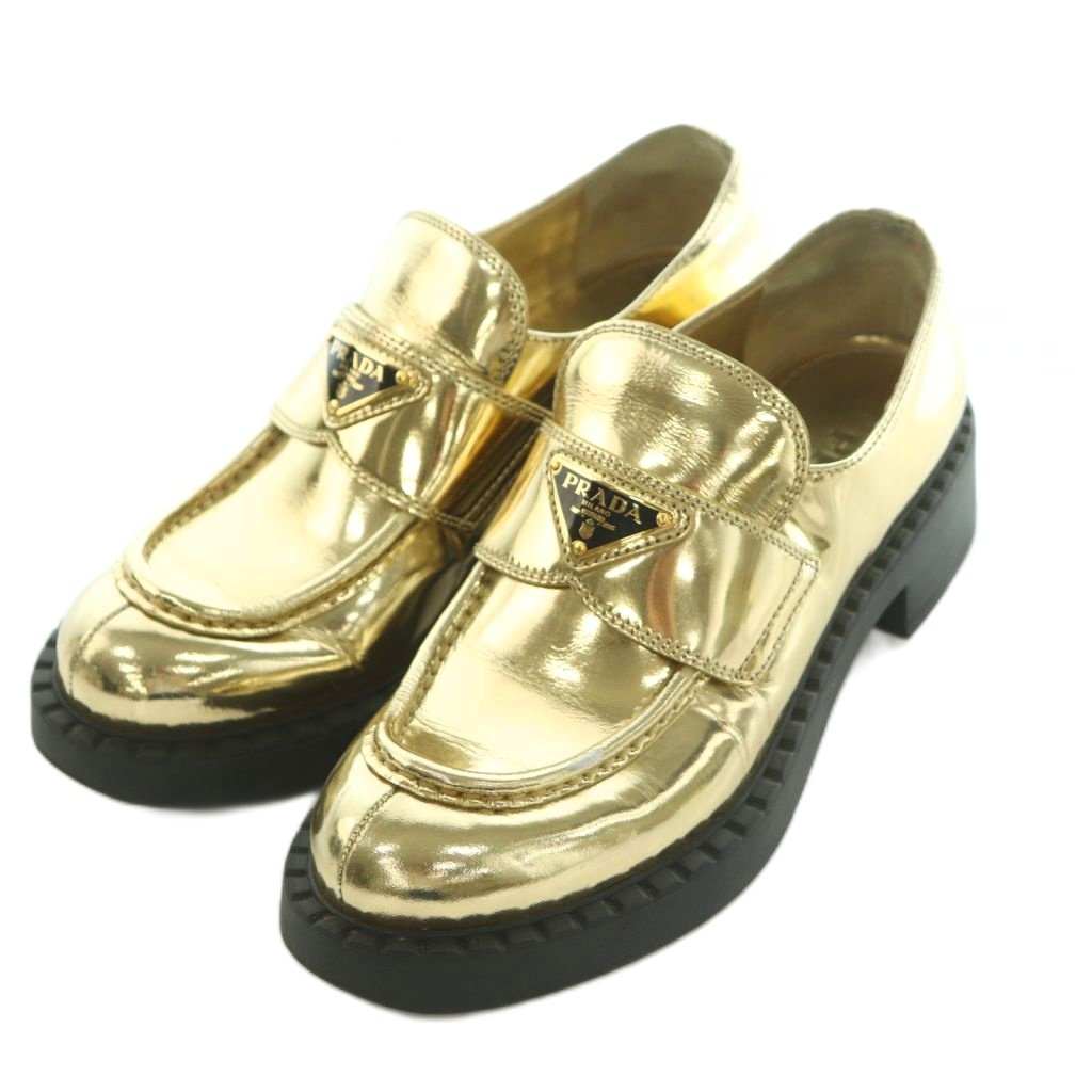【中古】プラダ PRADA 黒茶 ブラッシュッドレザー 置き目毛皮 厚底 37 24.0糎 ゴールド色合い /MI ■GY19 レディース 【ベクター 古着】 260518