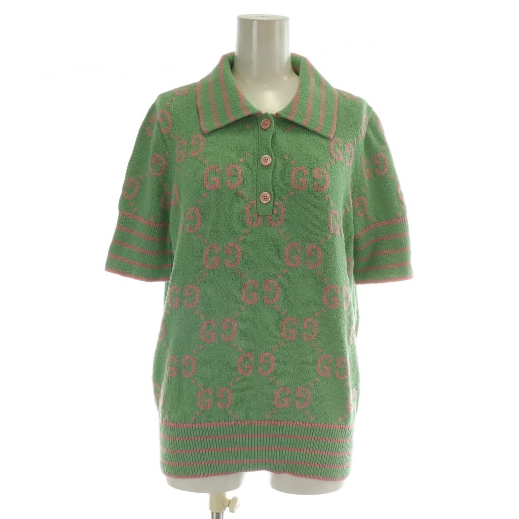 【中古】グッチ GUCCI スポーツシャツ 編み物 半袖 GGジャ差し固める 総柄 L 緑 緑であること サクラ色 /XZ ☆AA★ レディース 【ベクター 古着】 250928