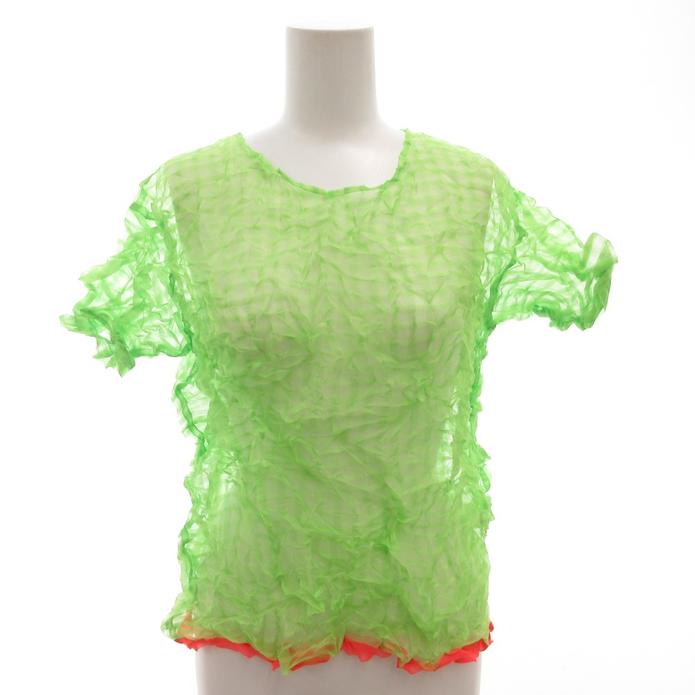 【中古】イッセイミヤケ ISSEY MIYAKE Tシャツ カットソー ポップコーン シワ クラッシュ加工 チェック柄 半袖 2 グリーン 赤 レッド /FF レディース 【ベクトル 古着】 260122