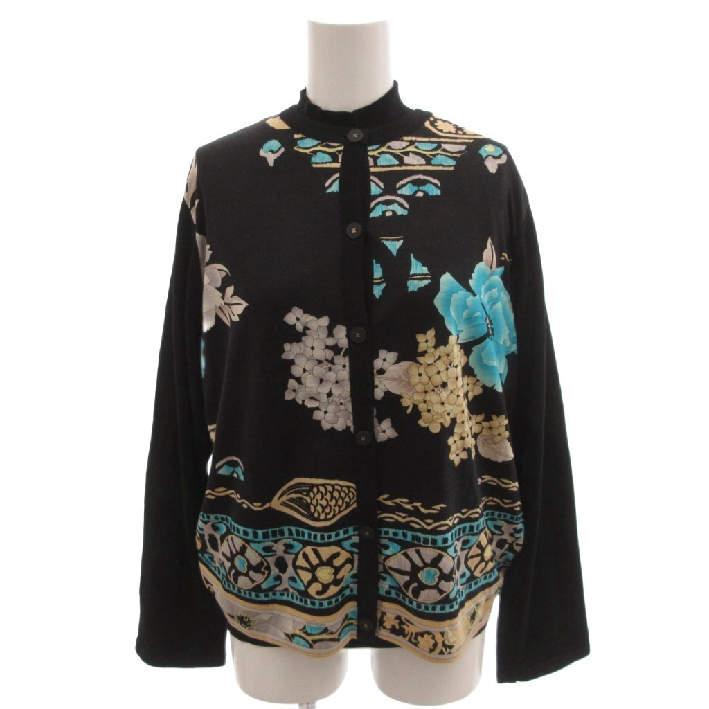 【中古】レオナール LEONARD FASHION アンサンブル ニット カーディガン 半袖 ハイネック 花柄 シルク混 LL 黒 ブラック /FF レディース 【ベクトル 古着】 260209
