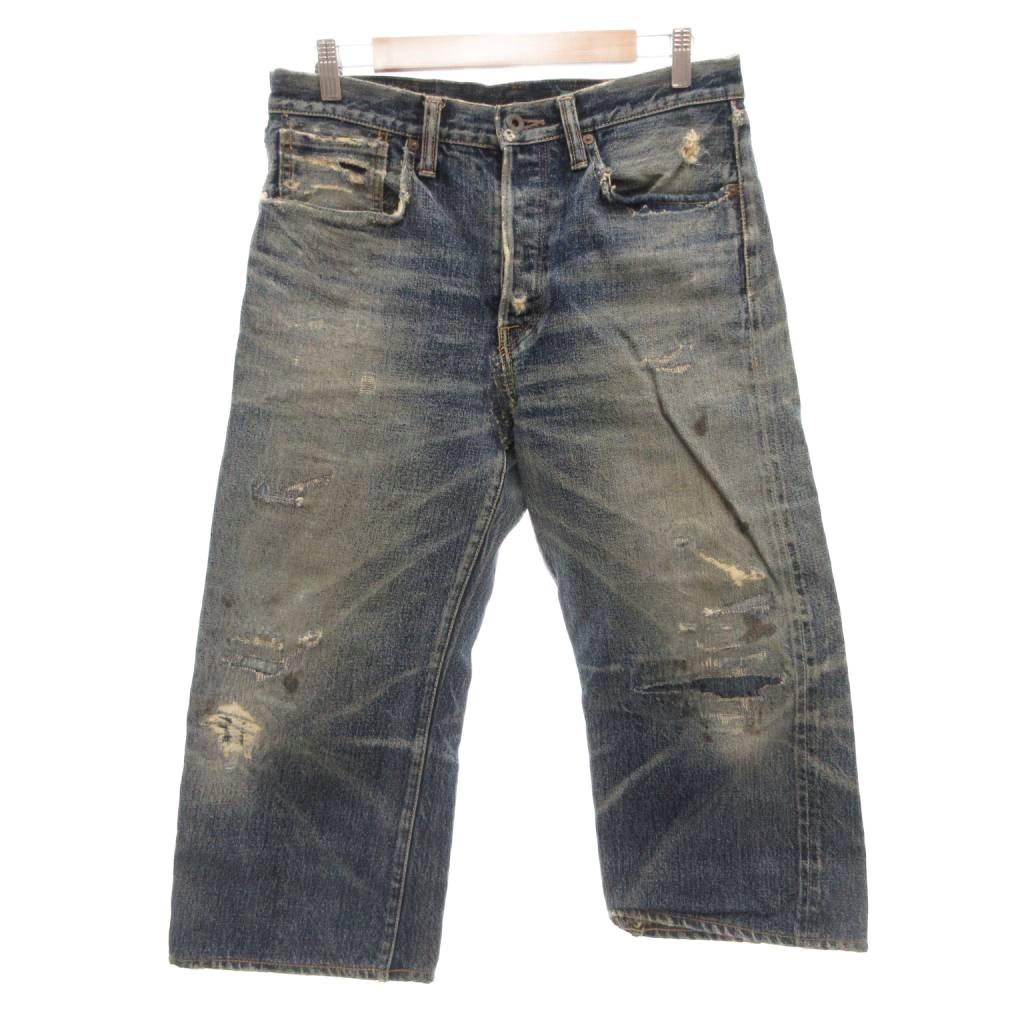 【中古】キャピタル kapital LEGS デニムパンツ ジーンズ クロップド リペア加工 ダメージ加工 ボタンフライ 3 L インディゴ /FF メンズ 【ベクトル 古着】 260312