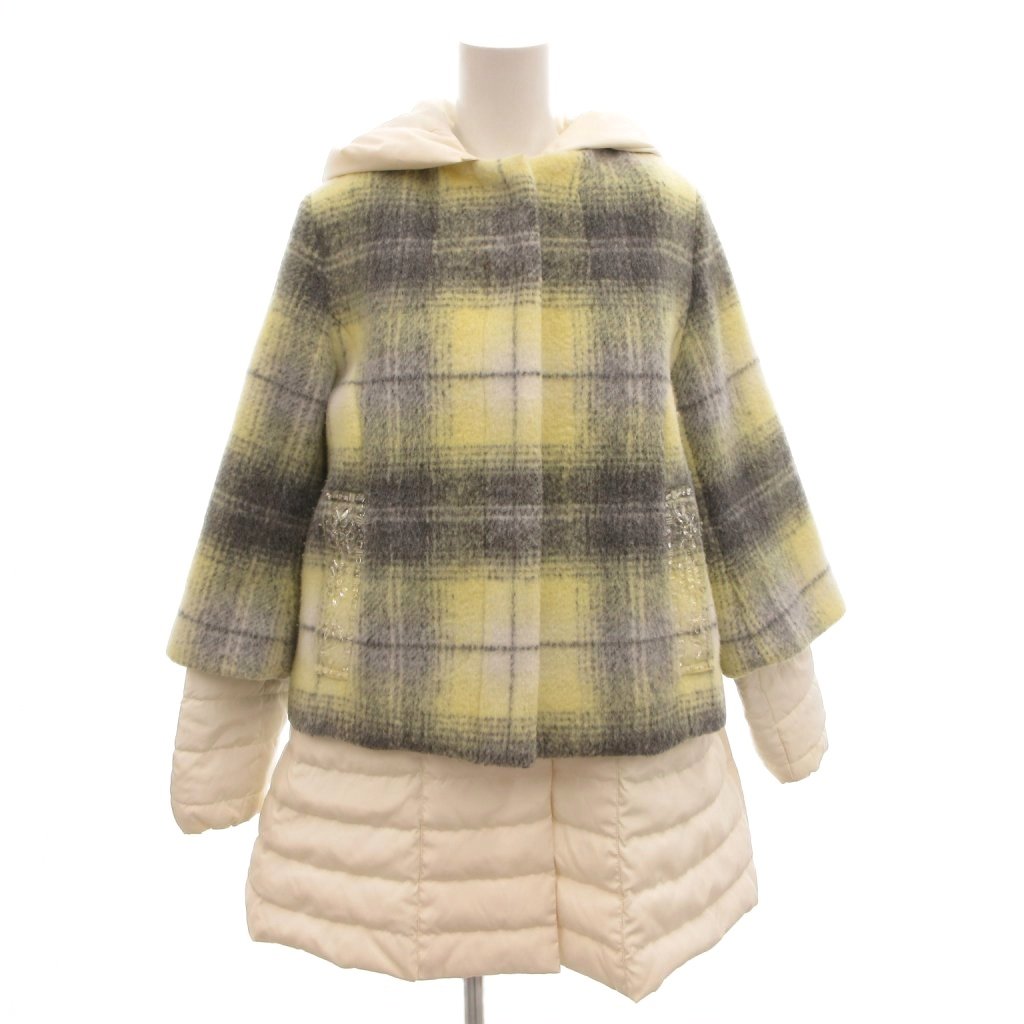 【中古】チェスティ Chesty 21AW ダウンジャケット レイヤード ビジュー装飾 チェック柄 フード ひざ丈 1 グレー 白 /FF 【ベクトル 古着】 260407