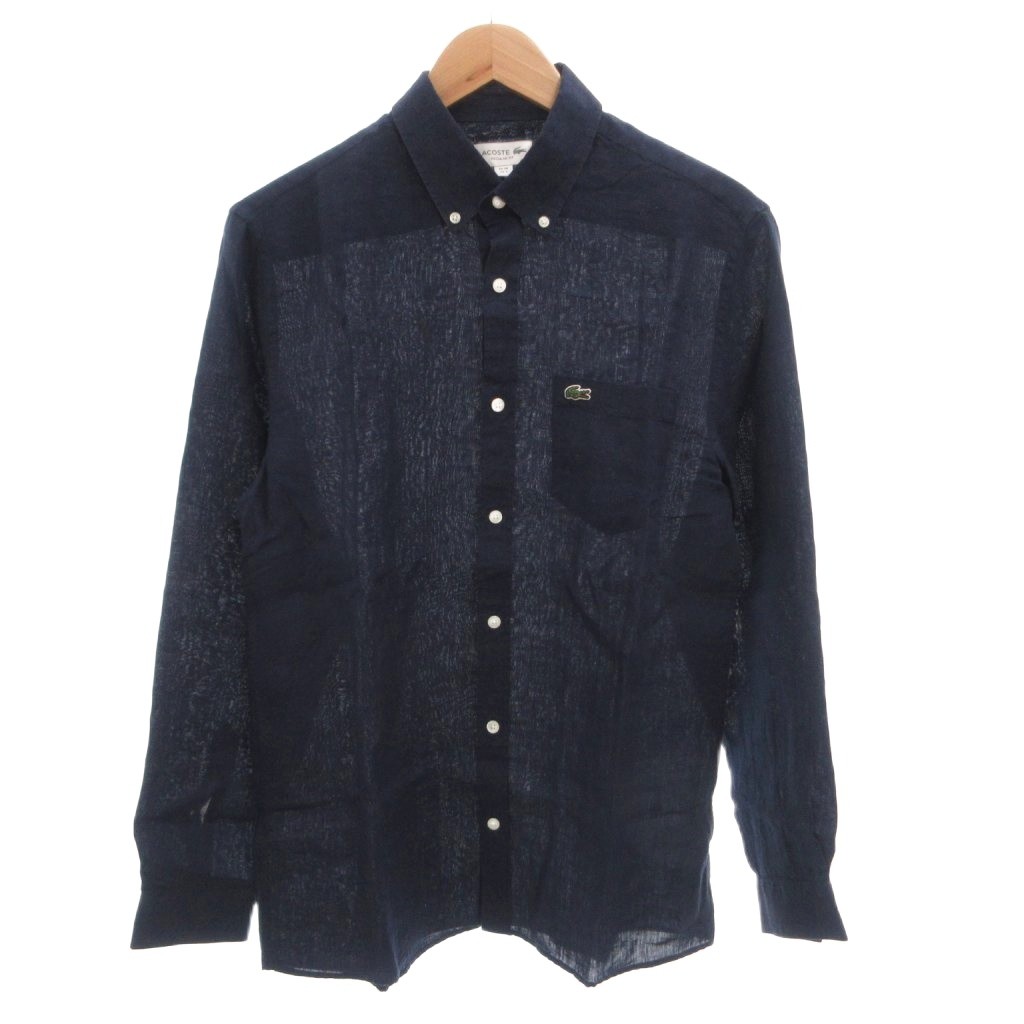 【中古】ラコステ LACOSTE リネンボタンダウンシャツ BD 長袖 ロゴタイプ 刺しゅう 麻 S 紺 米国海軍 CH2188 /FF メンズ 【ベクター 古着】 260413