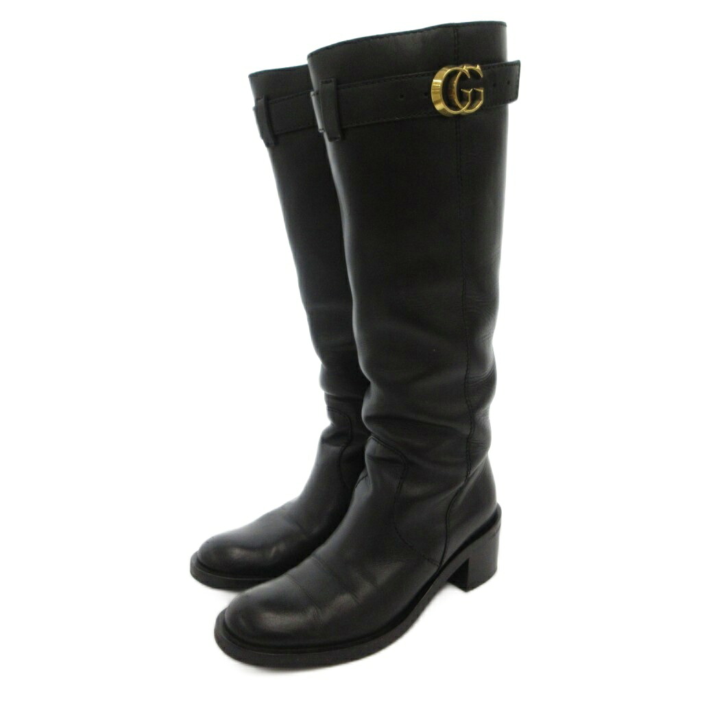 【中古】グッチ GUCCI ロングブーツ チャンキーヒール 胴締め GG目じるし 金具 カーフレザー 36 黒 黒いこと 246627 /FF レディース 【ベクター 古着】 260517