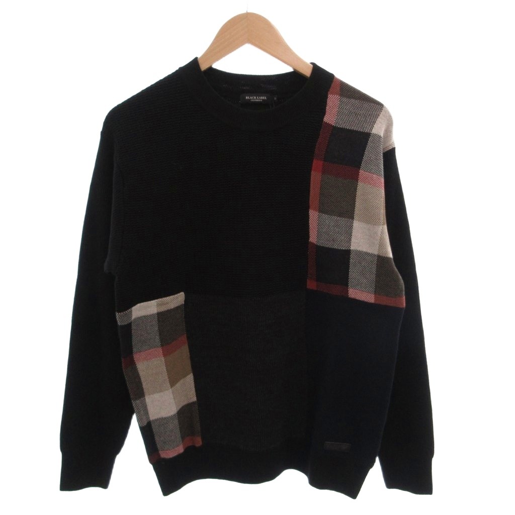 【中古】未当て嵌める品 ブラックレーベルクレストブリッジ BLACK LABEL CRESTBRIDGE 曳き船付き添い人 編み物 プルオーバー 長袖 パッチワーク 照合のしるし柄 羊毛混 M 黒 黒いこと /FF メンズ 【ベクター 古着】 260522