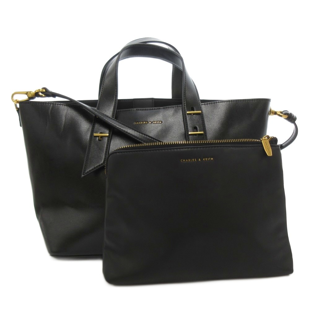 【中古】プリンスチャールズ島\u0026キース  CHARLES\u0026KEITH Shania シャナイア ダブルお手手 ショルダーバッグ 2WAY なめし革 合財袋付き添い人 ロゴタイプ 黒 黒いこと /FF レディース 【ベクター 古着】 260618