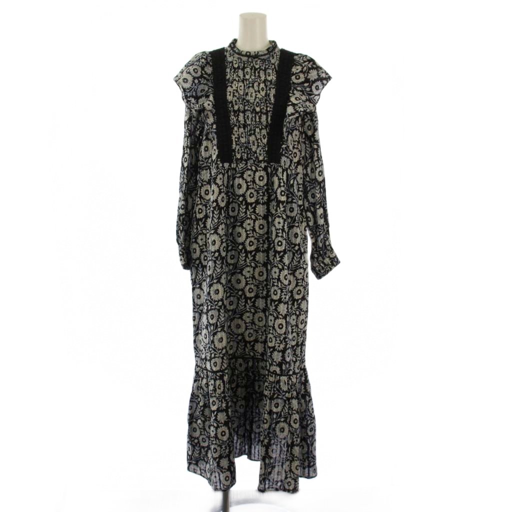 【中古】未使用品 ヌキテパ NE QUITTEZ PAS! COTTON LUREX STRIPE FLOWER PRINT FRILL DRESS ワンピース ロング 長袖 総柄 M 黒 010432GD2 /BM レディース 【ベクトル 古着】 260219