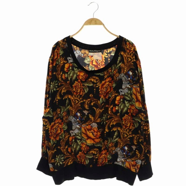 【中古】サルヴァトーレフェラガモ Salvatore Ferragamo カットソー トップス Uネック 長袖 バルンスリーブ シルク 総柄 プルオーバー ONE SIZE 黒 ブラック マルチカラー /BD ■OS レディース 【ベクトル 古着】 230220｜ブランド古着ベクトルプレミアム店