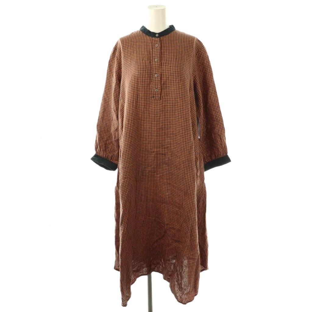 【中古】フォグリネンワーク fog linen work キャロラインワンピース ミニー 長袖 ロング リネン オレンジ 紺 /NR ■OS ■SH レディース 【ベクトル 古着】 251122