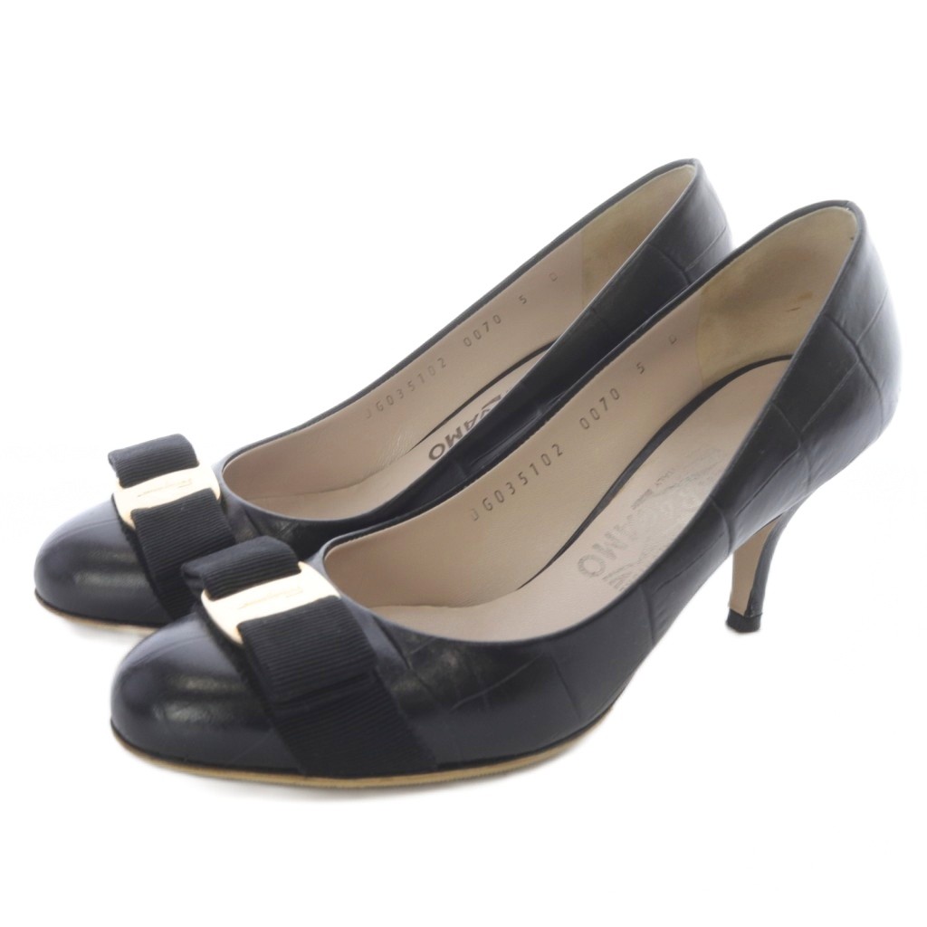 【中古】サルヴァトーレフェラガモ Salvatore Ferragamo ヴァラリボン 型押し レザーパンプス レザー 5 黒 ブラック /SR レディース 【ベクトル 古着】 251211