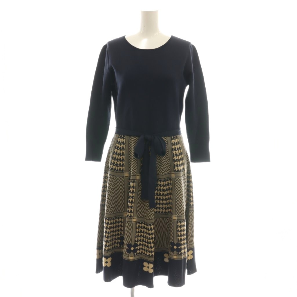 【中古】エムズグレイシー M GRACY CheckxFlower Knit One-piece ワンピース ベルト付き 38 ネイビー ベージュ /CX ■OS レディース 【ベクトル 古着】 251219