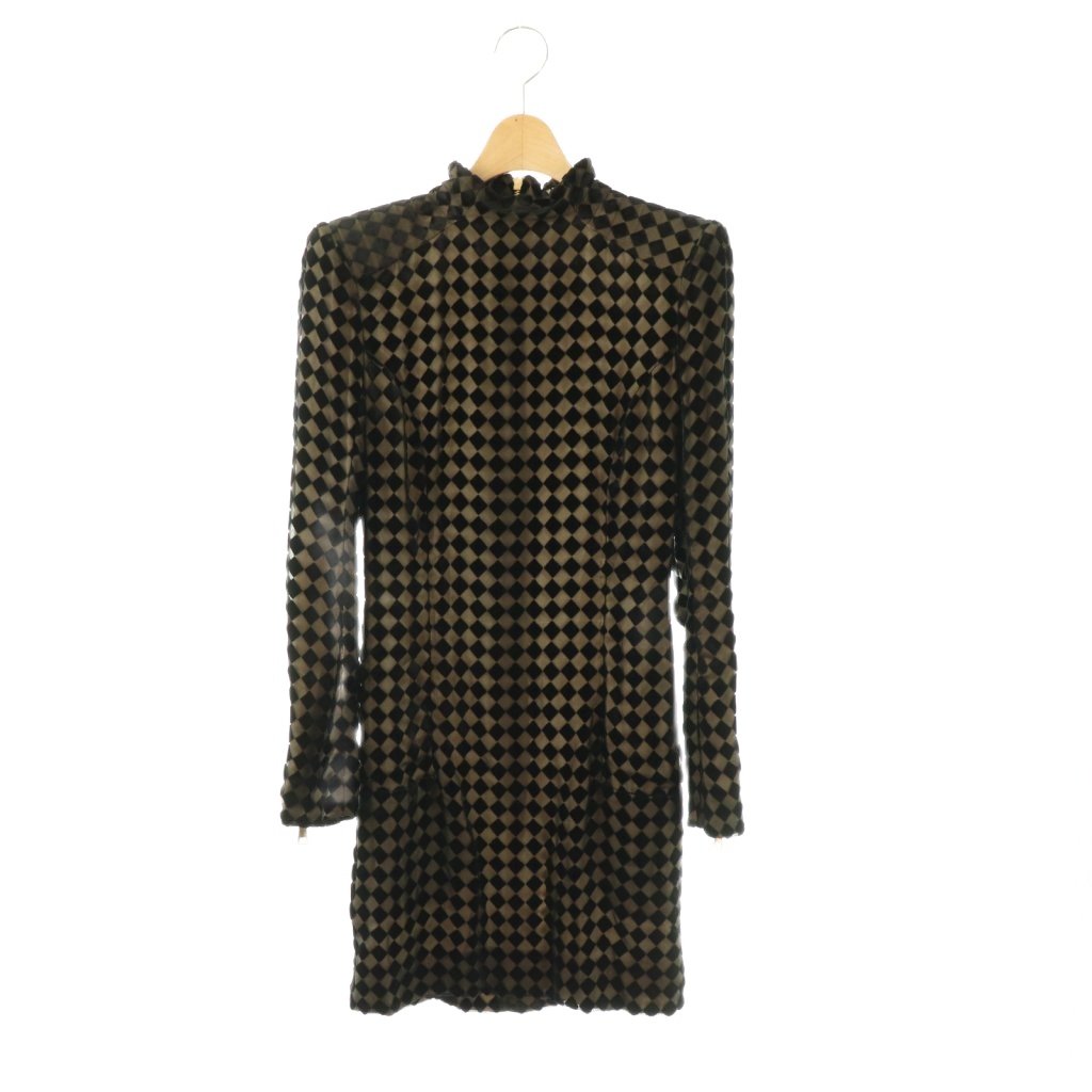 【中古】バルマン BALMAIN フロッキー総柄ワンピース ミニ 長袖 36 ブラック ライトベージュ /DO ■OS レディース 【ベクトル 古着】 260309