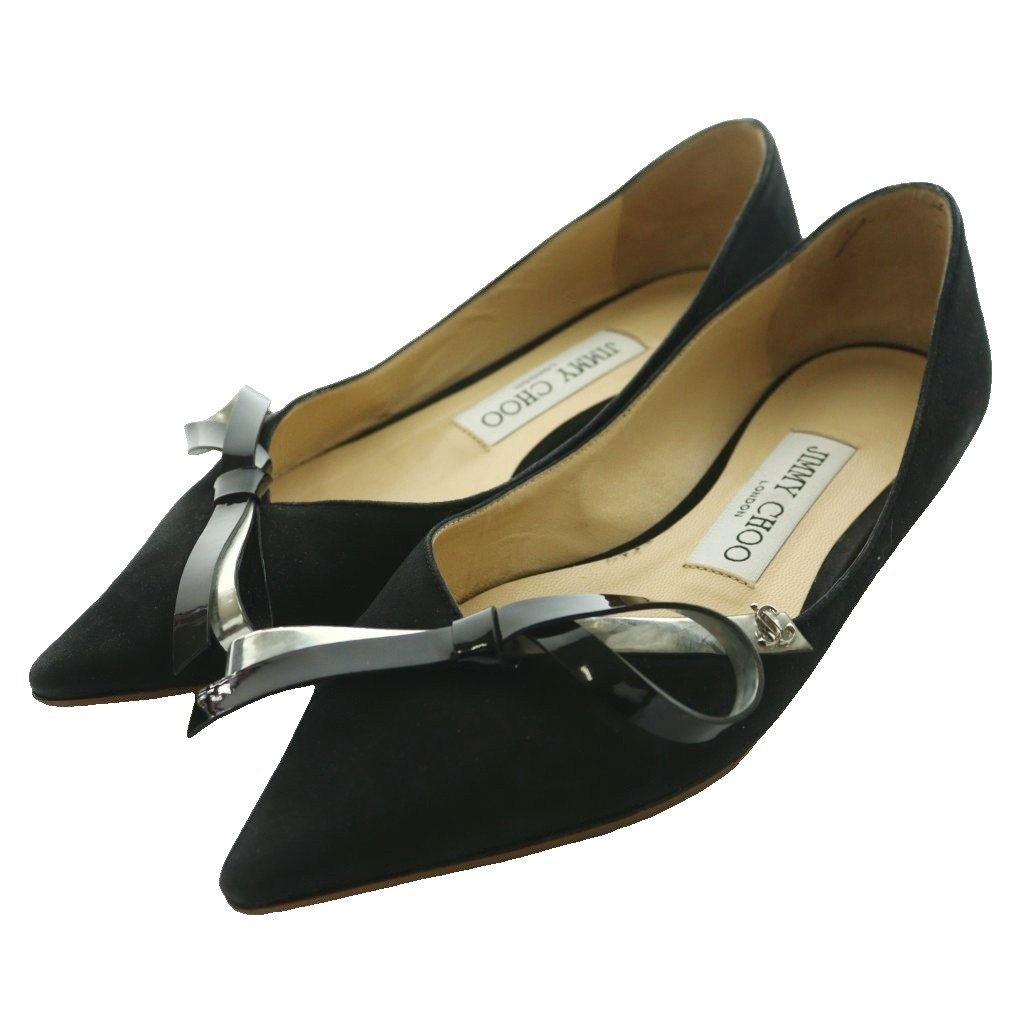 【中古】ジミーチュウ JIMMY CHOO ポインテッドトゥリボンフラットパンプス スエード 34 黒 ブラック /SS ■OS レディース 【ベクトル 古着】 260304