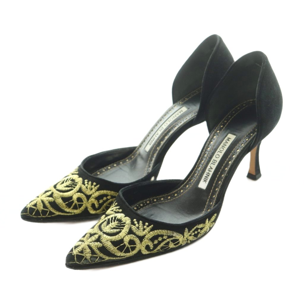 【中古】マノロブラニク MANOLO BLAHNIK パンプス ポインテッドトゥ ピンヒール スエード 刺繍 37 24.0cm 黒 ゴールドカラー /MI ■OS レディース 【ベクトル 古着】 260303