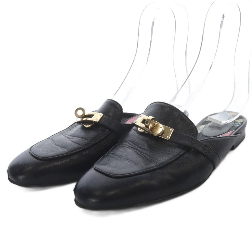 【中古】エルメス HERMES OZ オズミュール ケリーバックル サンダル 置き目踵 なめし革 37.5 黒 黒いこと ゴールド色合い H221081Z /YO29 レディース 【ベクター 古着】 260606