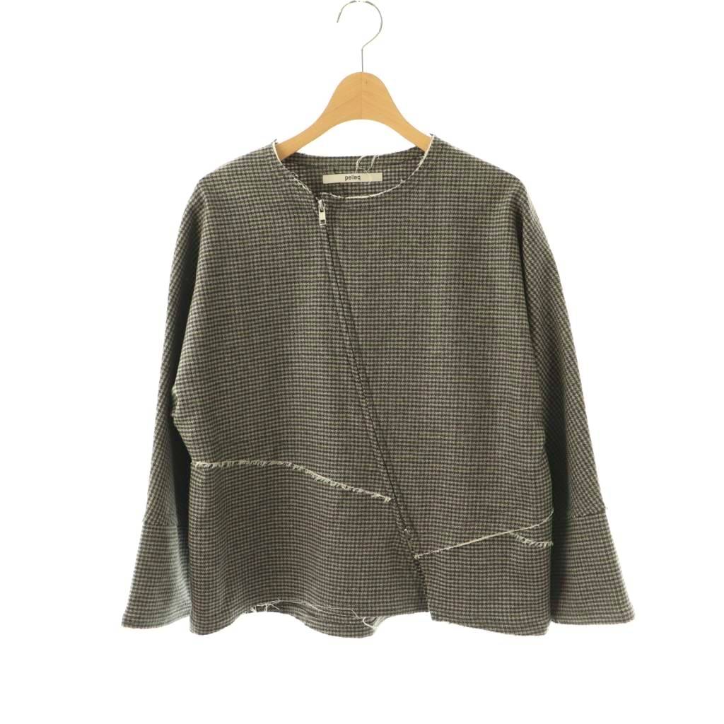 【中古】ペレック pelleq 25AW houndstooth diagonal shirts シャツジャケット ジップアップ ノーカラー ウール 36 グレー カーキ ネイビー /DO ■OS レディース 【ベクトル 古着】 260309