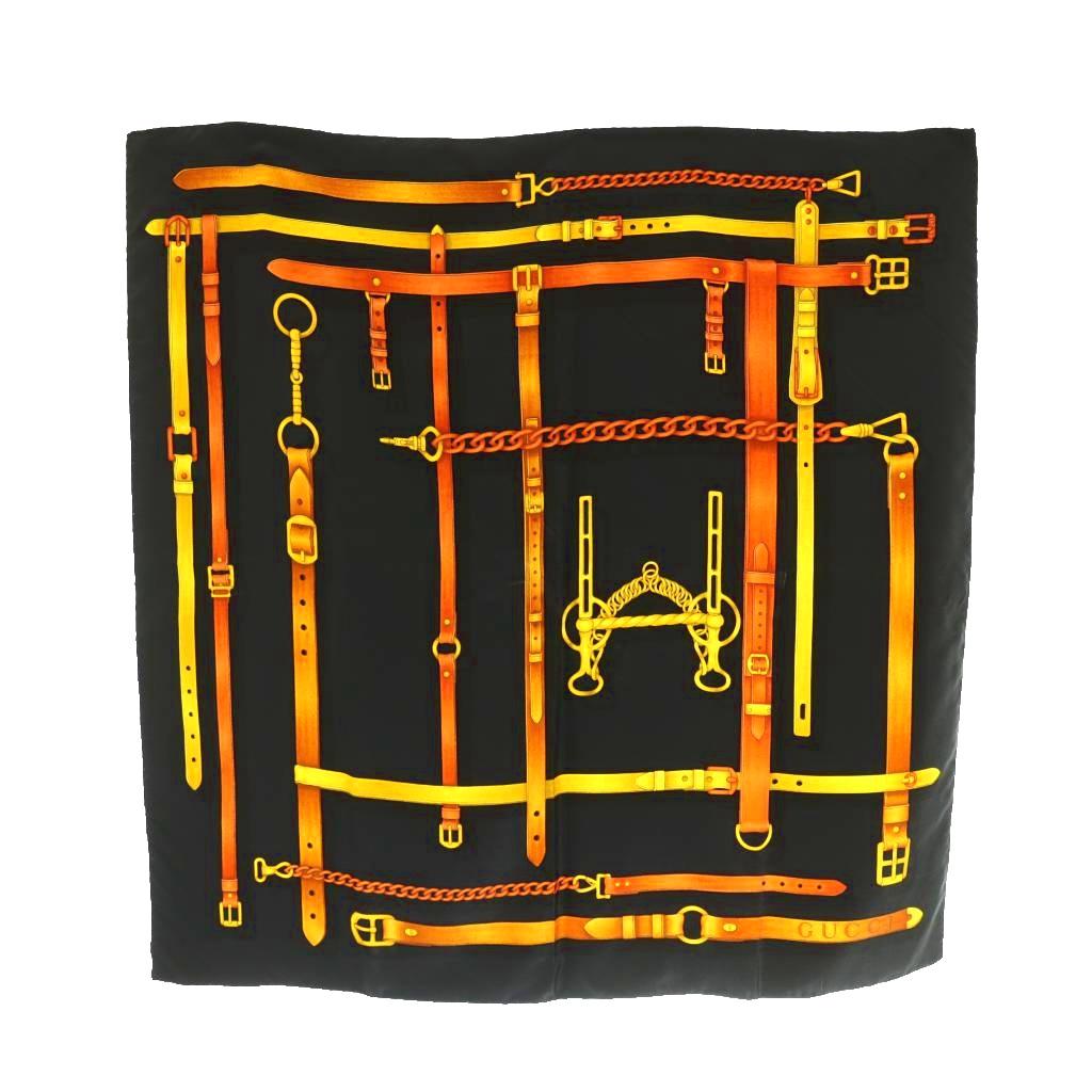 【中古】グッチ GUCCI ベルトデザインシルクスカーフ 紺 米国海軍 黄味がかった 黄色 /SS ■os ■OH レディース 【ベクター 古着】 260319