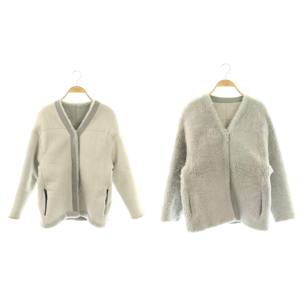 【中古】カールラガーフェルド KARL LAGERFELD ムートン ボアジャケット リバーシブル アウター ラムレザー XS グレー /CX ■OS レディース 【ベクトル 古着】 260313