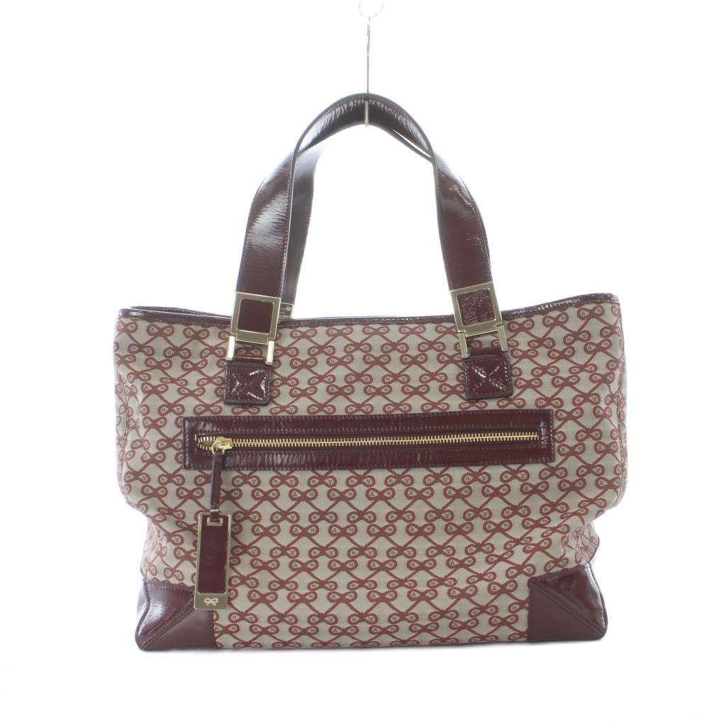 【中古】アニヤハインドマーチ ANYA HINDMARCH トートバッグ グレー ワインレッド リボン柄 総柄 フロントジップポケット 異素材切り替え /RI ■OS レディース 【ベクトル 古着】 260324