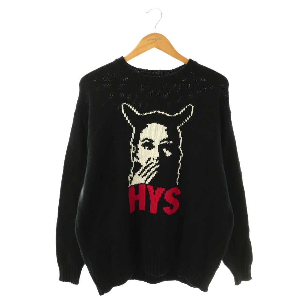 【中古】未使用品 ヒステリックグラマー HYSTERIC GLAMOUR 24AW SPEAK NO EVIL編込セーター ニット 長袖 クルーネック イラスト ロゴ L 黒 ブラック 02243NS03 タグ付き /BB メンズ 【ベクトル 古着】 260325