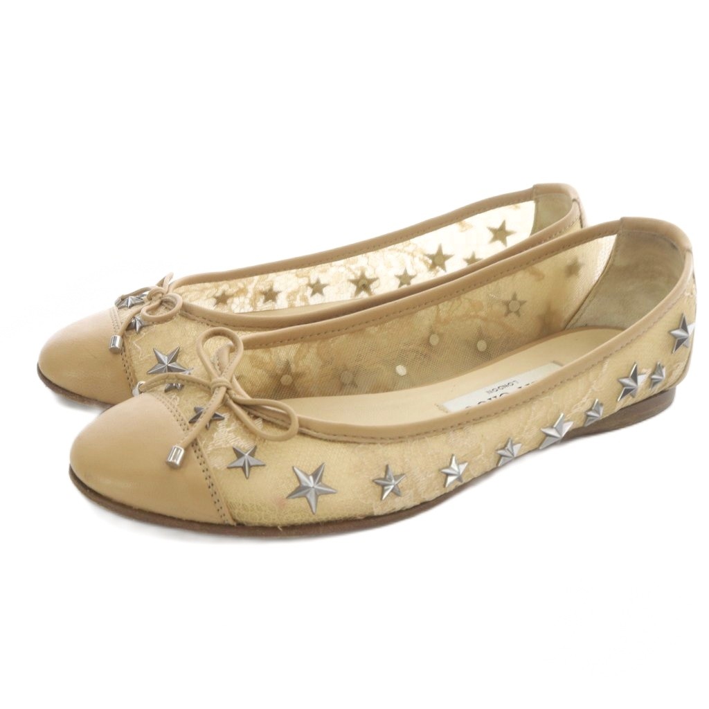 【中古】ジミーチュウ JIMMY CHOO スタースタッズ レース フラットバレエシューズ 35.5 ベージュ /SR レディース 【ベクトル 古着】 260401