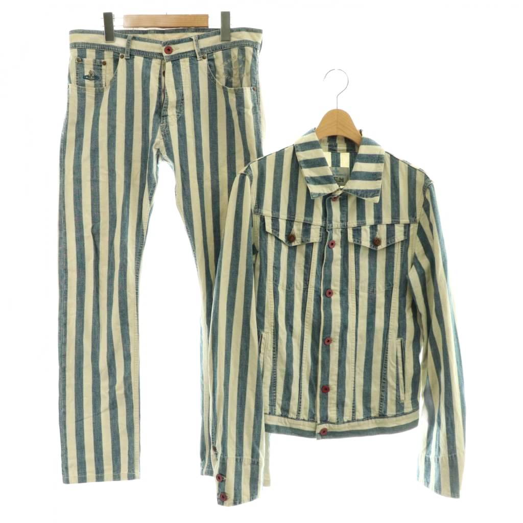 【中古】ヴィヴィアンウエストウッド Vivienne Westwood 縞模様柄セットアップライカ期 上衣 ズボン下 ステンカラー テーパード リネン混 46 青碧 象牙色 /CX ■os メンズ 【ベクター 古着】 260420