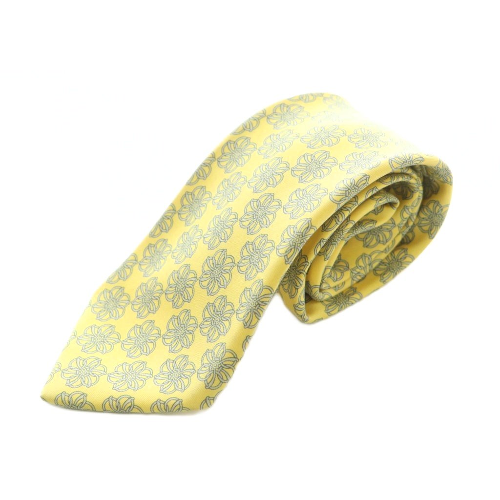 【中古】エルメス HERMES タイ レギュラータイ王国 絹地 総柄 黄味がかった 黄色 薄墨色 /MI ■os ■OH ■AD メンズ 【ベクター 古着】 260603