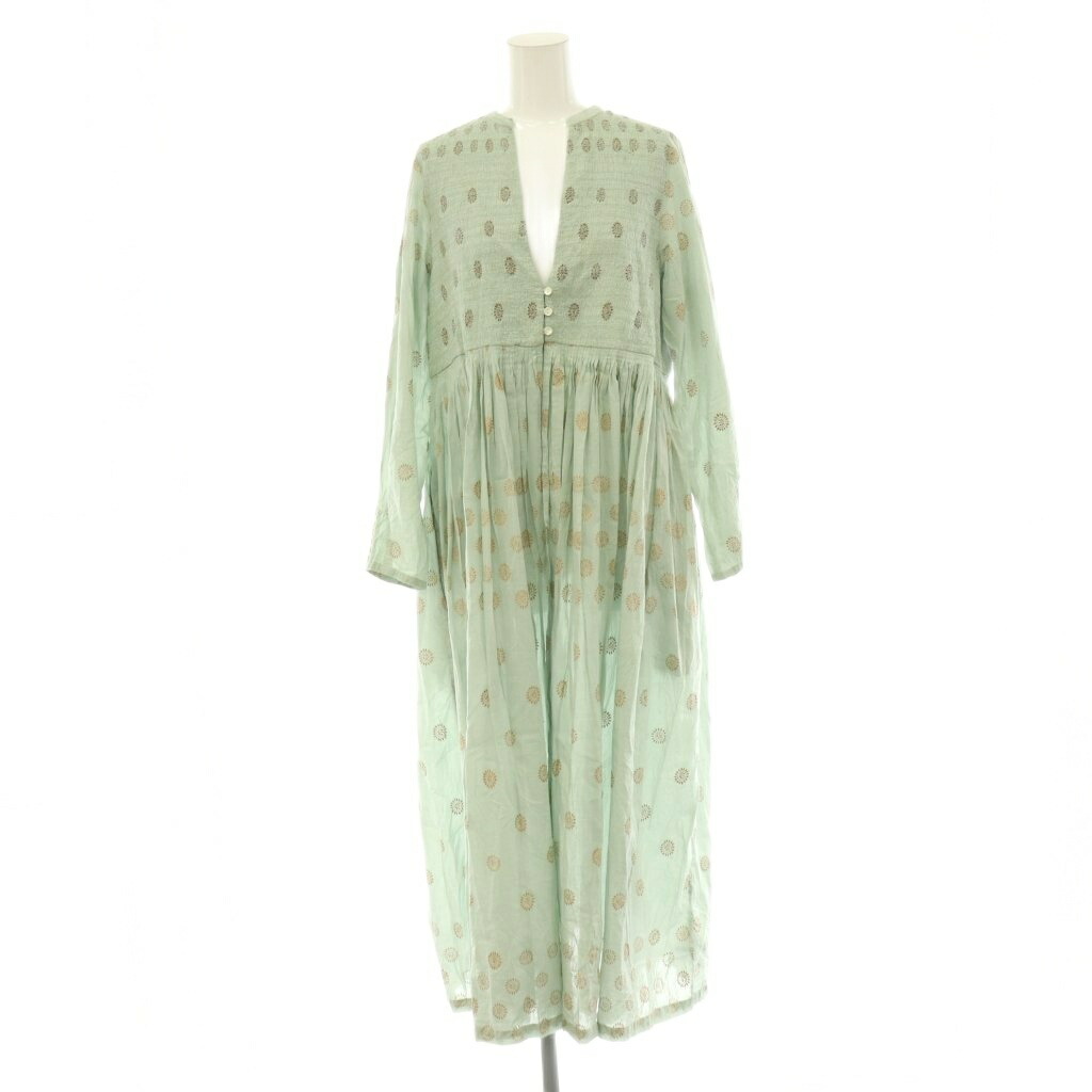【中古】マーラカランコエン malaKALANCHOE Cotton Silk Gold Print Embroidery Gown 衣裳 ロング 長袖 ペパーミント緑であること ゴールド色 /DO ■os ■SH レディース 【ベクター 古着】 260602