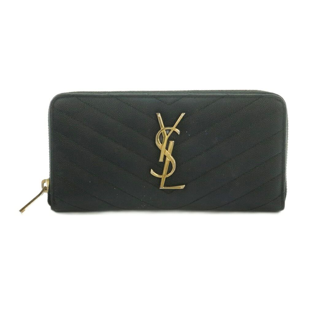 【中古】イヴサンローラン YVES SAINT LAURENT LSVロゴ Vステッチ 長財布 ロングウォレット ラウンドファスナー 小銭入れ レザー 黒 ブラック 358094 BOW01 /MI ■OS レディース 【ベクトル 古着】 260611｜ブランド古着ベクトルプレミアム店