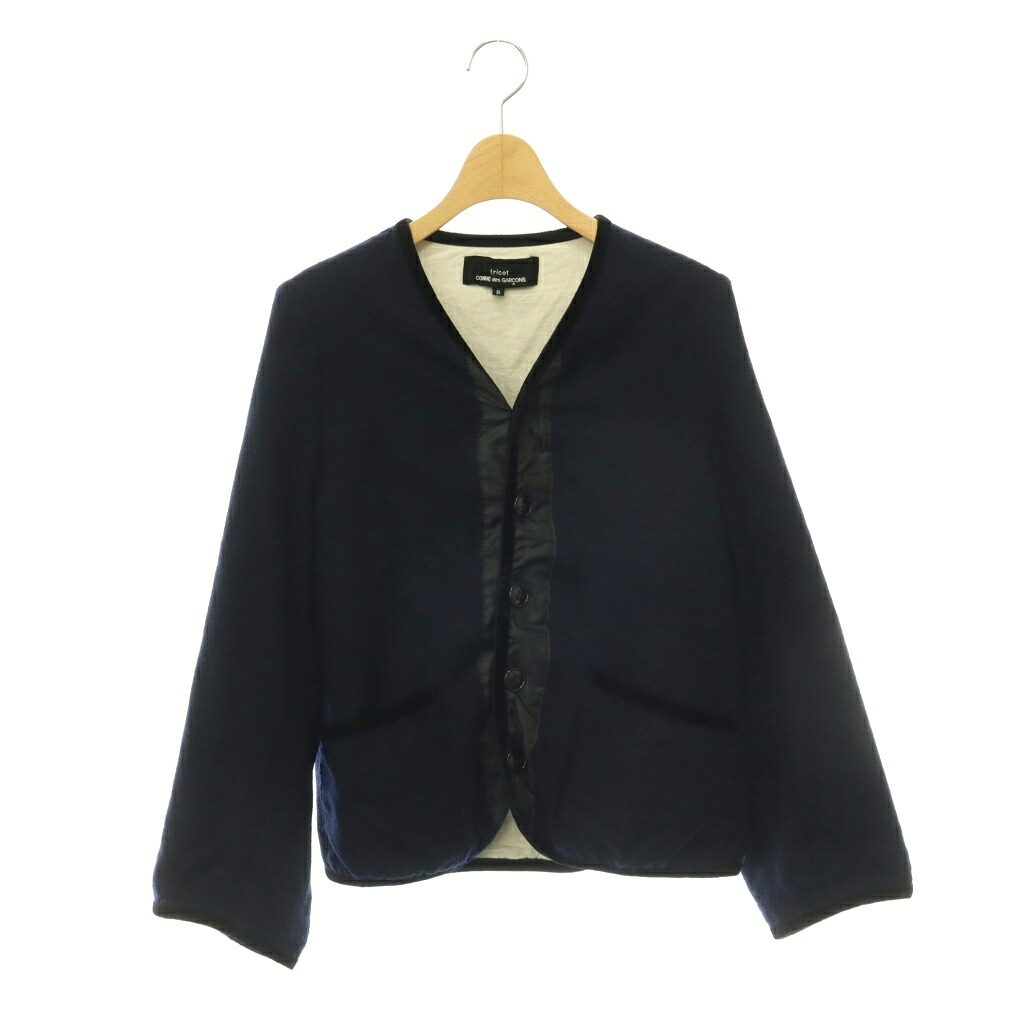 【中古】トリココムデギャルソン tricot COMME des GARCONS AD2017 サテン切替ウール縮絨ジャケット ノーカラー 総裏地 S ネイビー ブラック /DO ■OS レディース 【ベクトル 古着】 260710|ブランド古着ベクトルプレミアム店