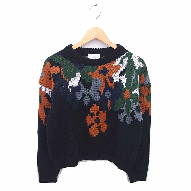 【中古】未使用品 クラネ CLANE タグ付き ニット セーター 丸首 総柄 ウール混 長袖 1 ブラック グリーン 黒 緑 /TT レディース 【ベクトル 古着】 260218｜ブランド古着ベクトルプレミアム店