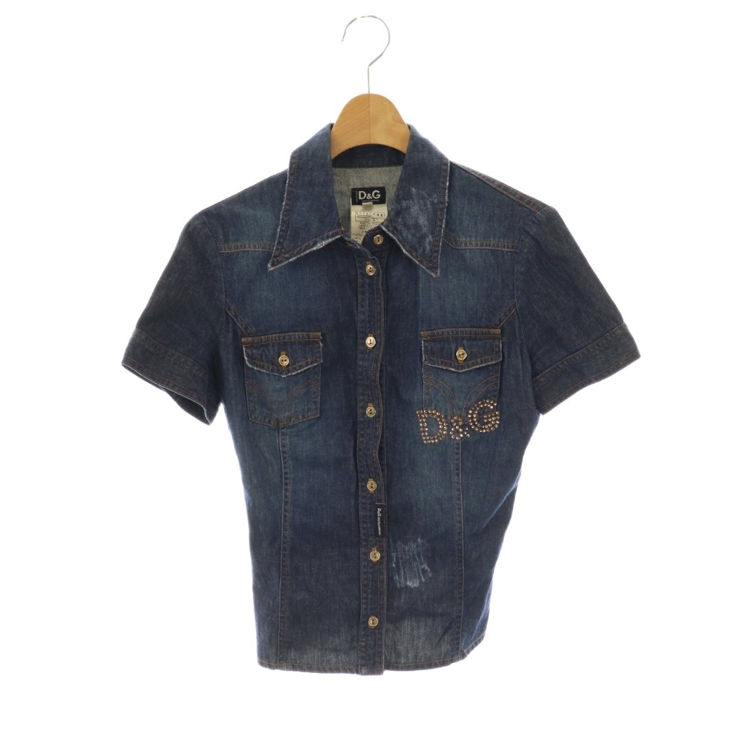 【中古】ディー\u0026重力加速度 弗ガバ ドルチェ\u0026ガッバーナ D\u0026G ジーンズ上衣 ティーシャツ 前車のドア 半袖 金名取り草 ロゴタイプかざり付ける 綿織物 24/38 S 紺 /NR ■GY53 レディース 【ベクター 古着】 251124