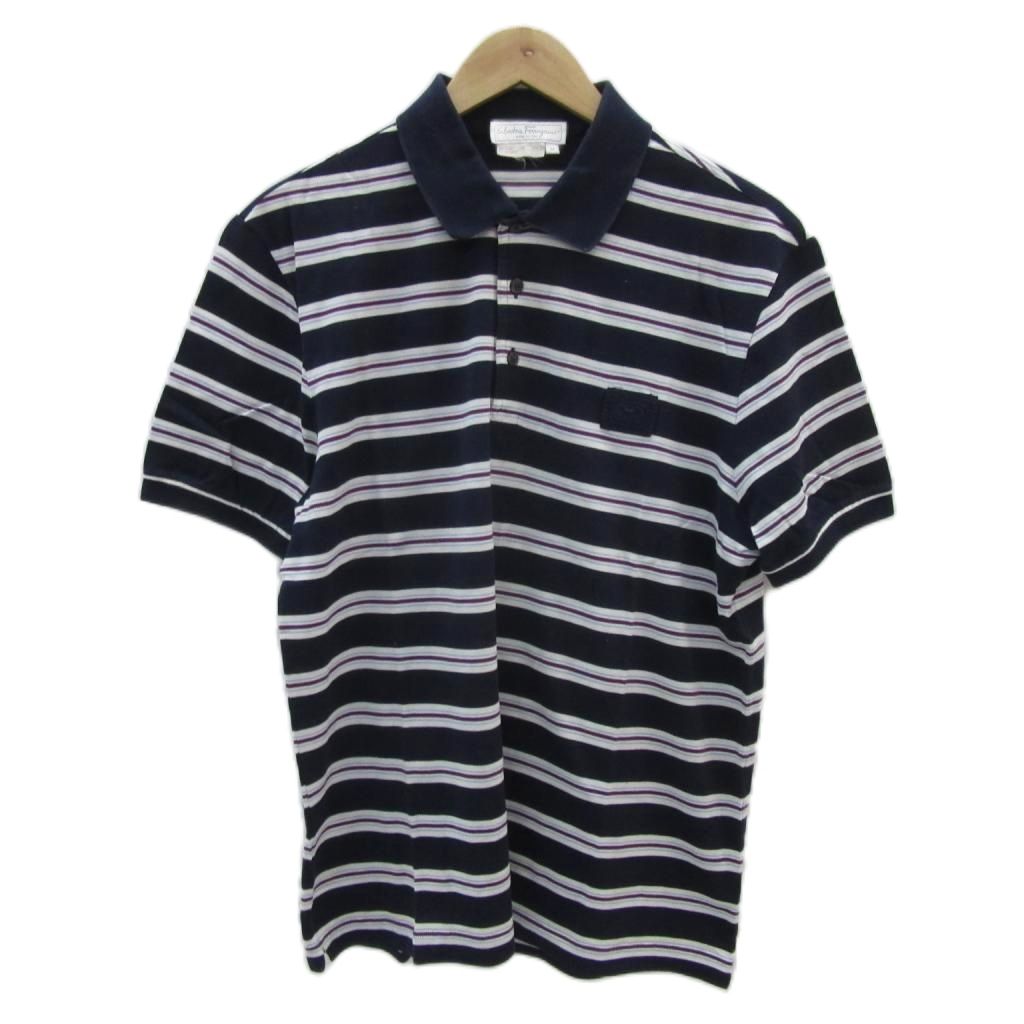 【中古】サルヴァトーレフェラガモ Salvatore Ferragamo ポロシャツ 半袖 M ネイビー 紺 ボーダー柄 鹿の子 /YS28 ■GY58 メンズ 【ベクトル 古着】 251212