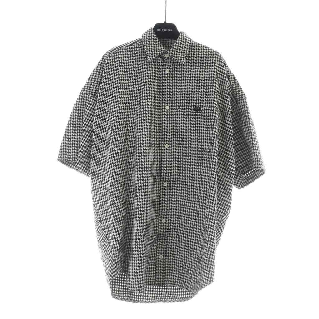 【中古】バレンシアガ BALENCIAGA 2020年 622249 半袖シャツ 千鳥柄 ロゴ ステンカラー 34 XXS 白 ホワイト 黒 ブラック /MQ メンズ 【ベクトル 古着】 260105