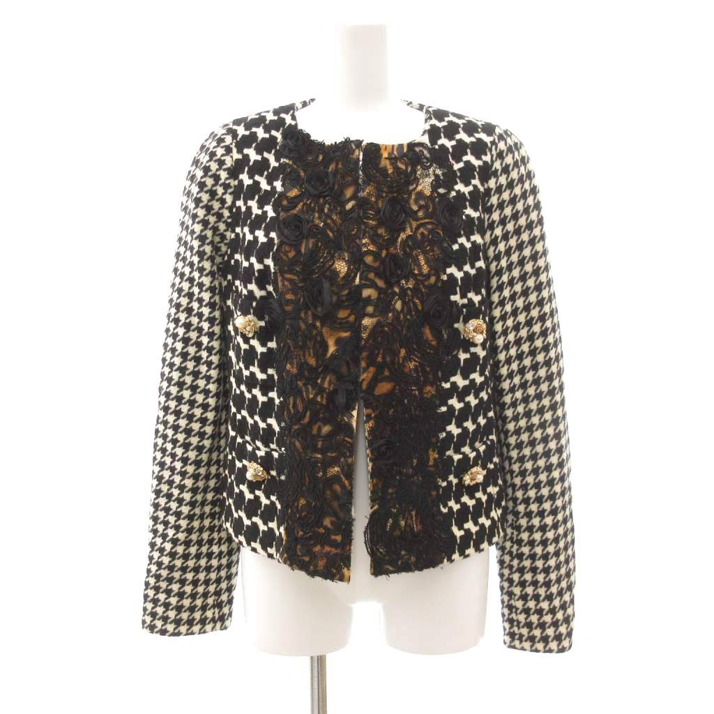 【中古】Edward Achour Paris 美品 ツイード ノーカラージャケット ウール レース ビジュー装飾 千鳥格子柄 40 白 ホワイト 黒 ブラック /UO ■GY59 レディース 【ベクトル 古着】 260106