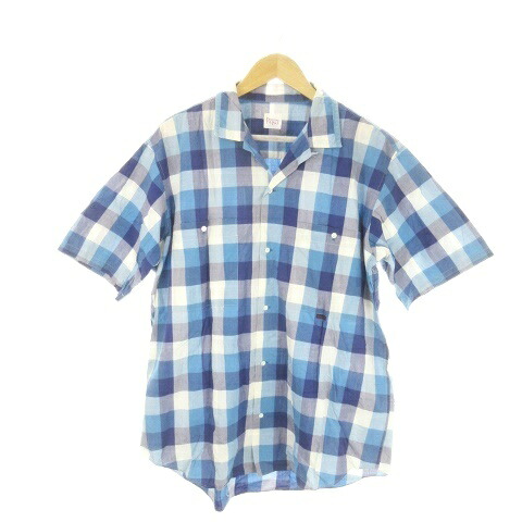 【中古】パパス Papas シャツ L 青 ブルー チェック柄 半袖 開襟 /AO20 ■GY58 メンズ 【ベクトル 古着】 260107