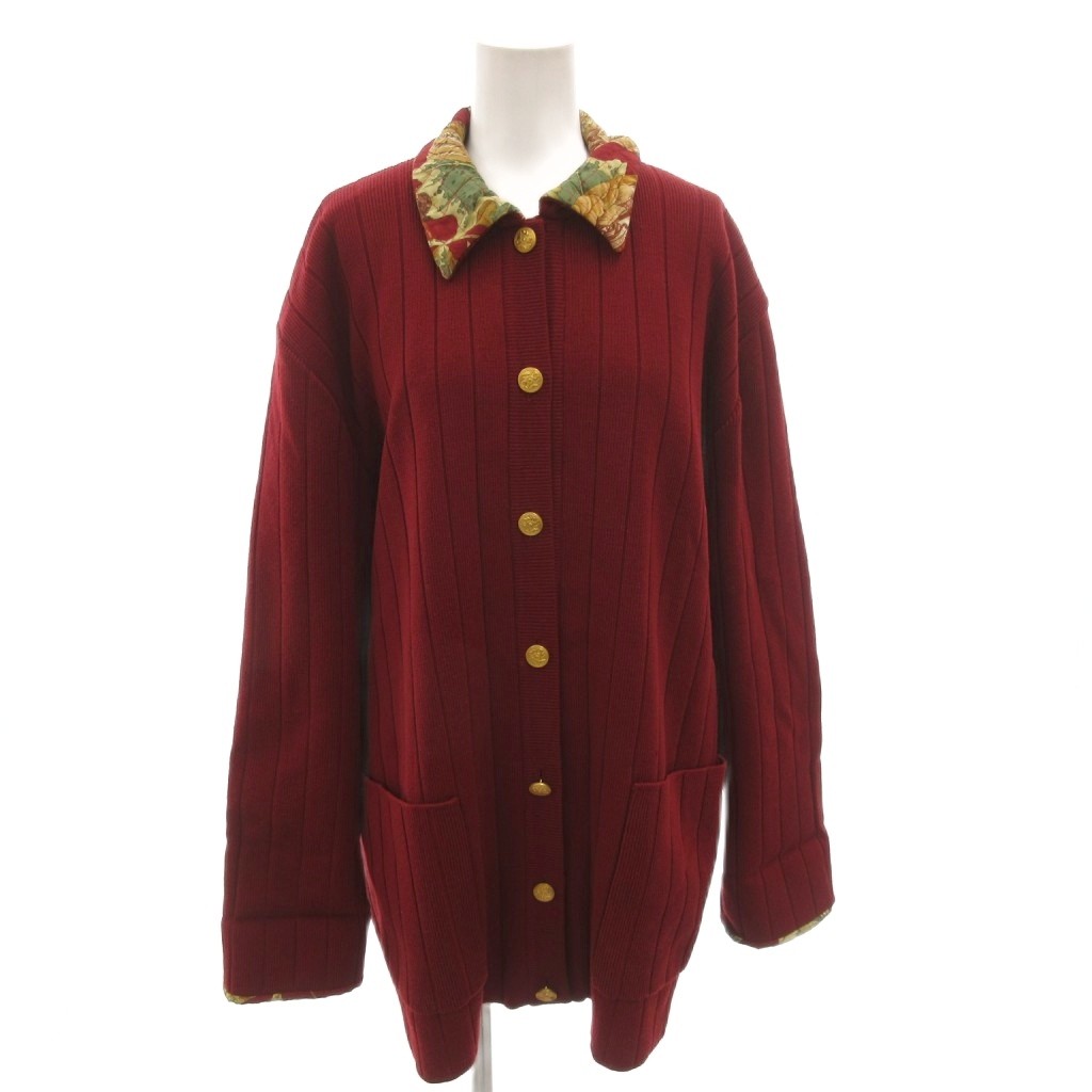 【中古】サルヴァトーレフェラガモ Salvatore Ferragamo ニットコート ステンカラー 金ボタン 裏地総柄 ひざ丈 M 赤 レッド /FF ■GY62 レディース 【ベクトル 古着】 260214