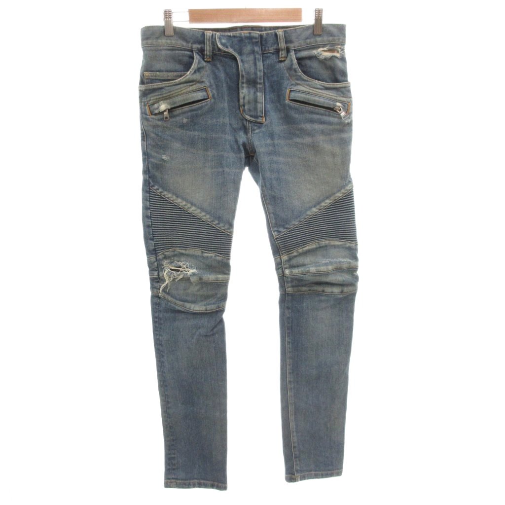 【中古】バルマン BALMAIN バイカーデニム パンツ ジーンズ スキニー ダメージ加工 30 インディゴ /FF ■GY62 メンズ 【ベクトル 古着】 260210