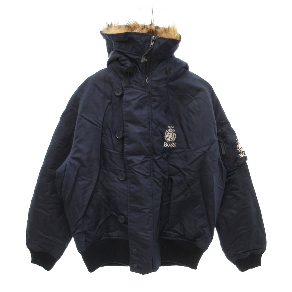 【中古】SUNTORY BOSS COFFEE ヴィンテージ BOSSジャン フライトジャケット ジャンパー ブルゾン LL 紺 ネイビー ラクーンファー 長袖 ロゴ刺繍 ナイロン /NU ■ECD001 メンズ 【ベクトル 古着】 260214