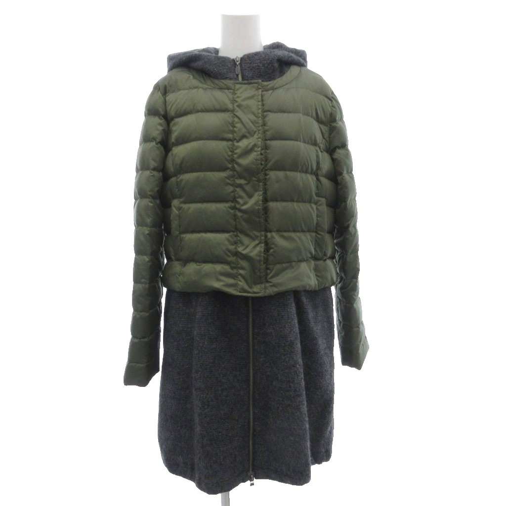 【中古】クリスチャンオジャール CHRISTIAN AUJARD ドッキングダウンコート フード ロング ジップアップ アンゴラ混 切替 9 カーキ グレー /GV ■ECD001 レディース 【ベクトル 古着】 260219